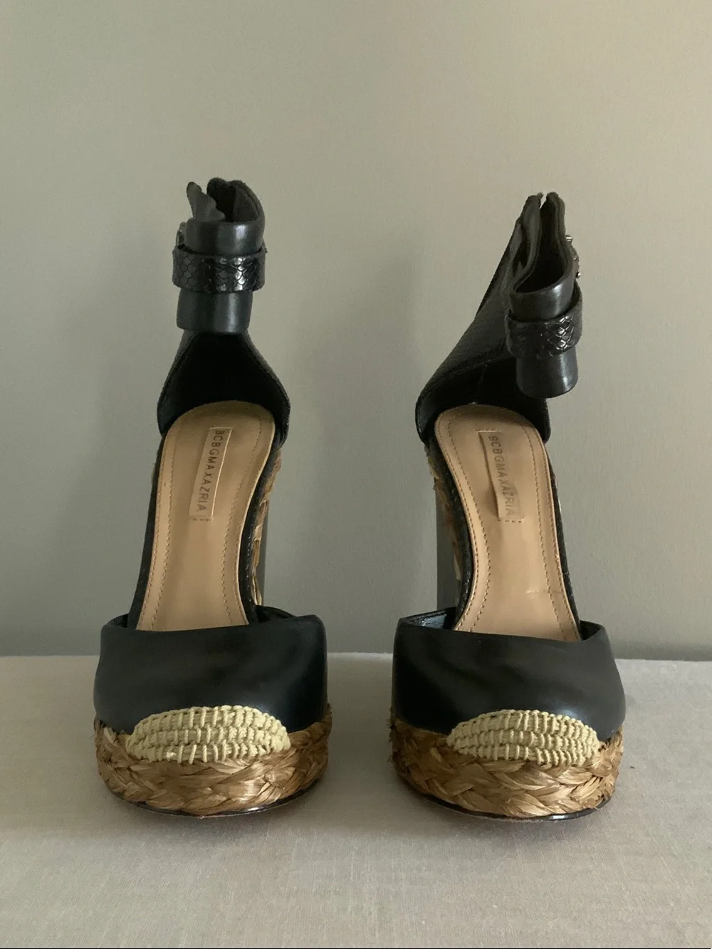 BCBGMaxAzria Black Leather Platform Espadrille Wedges